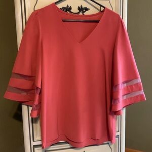 Women's Casual V Neck 3/4 Bell Sleeve with Mesh Panels Size Medium CORAL